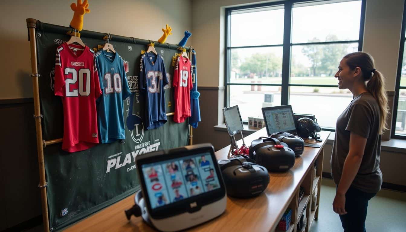 A casual photo booth setup features sports memorabilia and trivia in a relaxed indoor event space. A casual photo booth setup features sports memorabilia and trivia in a relaxed indoor event space.