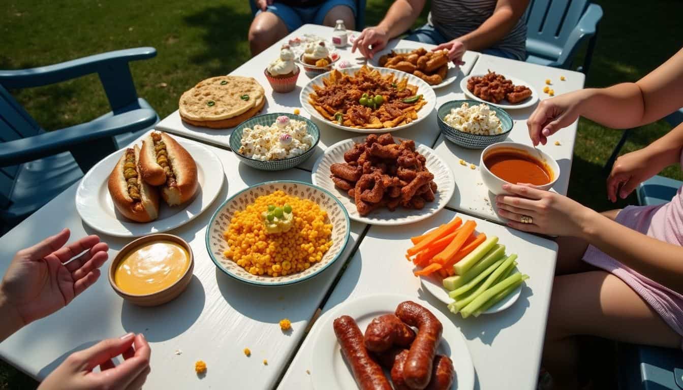 A casual picnic table spread with a variety of tasty snacks and relaxed friends enjoying each other's company. A casual picnic table spread with a variety of tasty snacks and relaxed friends enjoying each other's company.