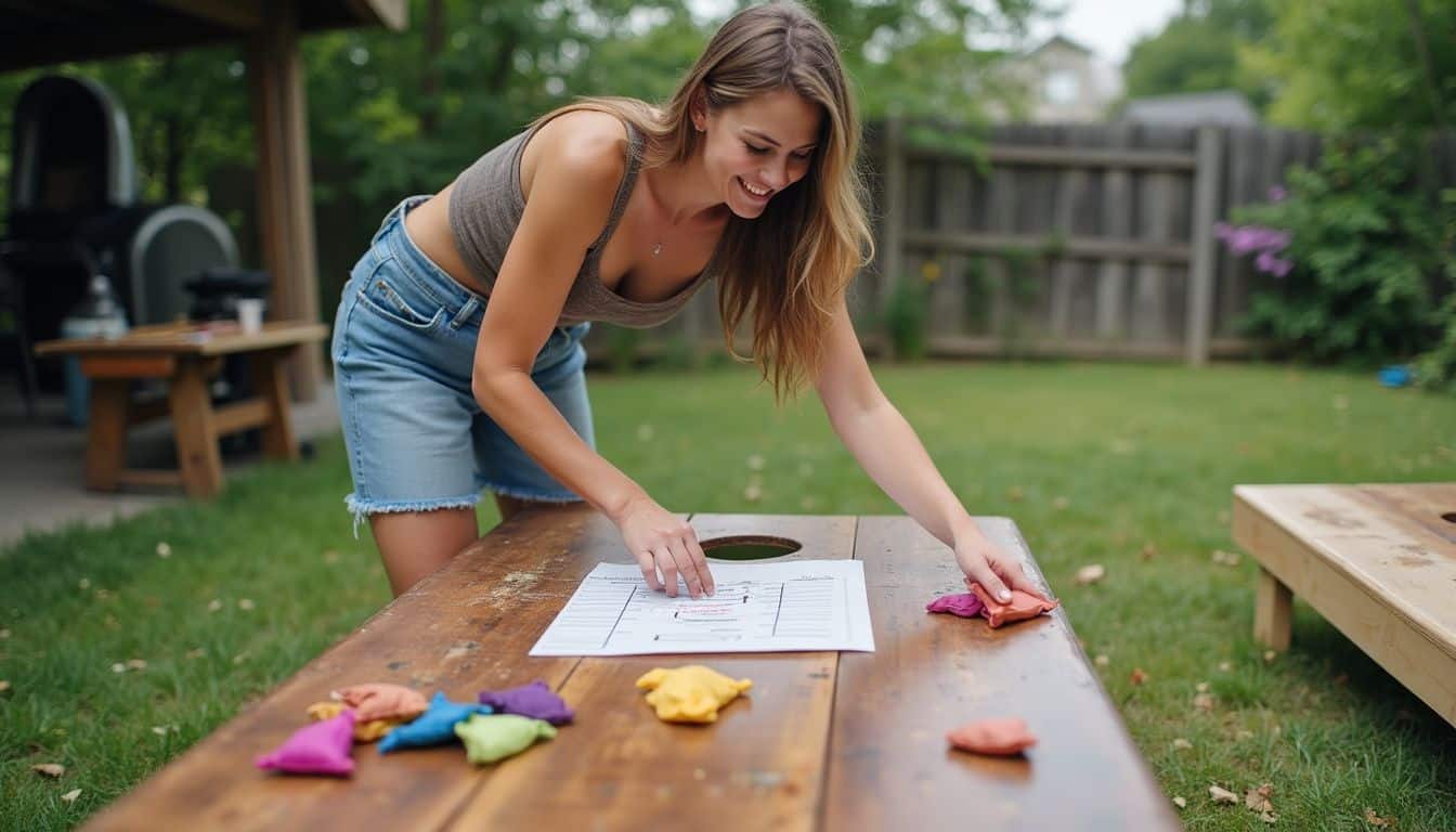 A woman casually organizes a cornhole tournament bracket in a relaxed backyard setting. A woman casually organizes a cornhole tournament bracket in a relaxed backyard setting.