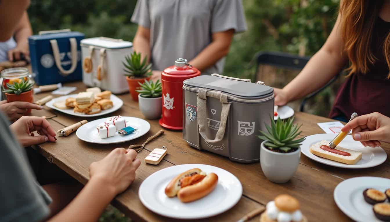 A casual neighborhood gathering features festive party favors, homemade treats, and relaxed sports-themed decorations on a messy table. A casual neighborhood gathering features festive party favors, homemade treats, and relaxed sports-themed decorations on a messy table.