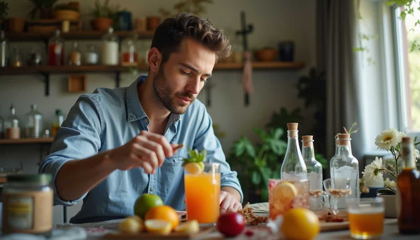 A man in his 30s casually makes a colorful cocktail pouch in his cluttered living room. A man in his 30s casually makes a colorful cocktail pouch in his cluttered living room.