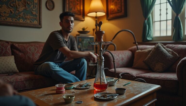 Hookah smoking in a cozy living room setting with a young man relaxing on a vintage sofa. The scene features warm lighting, eclectic decor, and a social atmosphere.