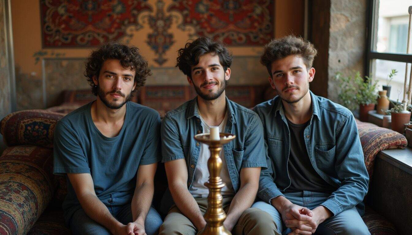 A group of young men relaxes together at a shisha café, enjoying each other's company in a cozy setting. Unfinished Man: Three young men sitting on a vintage couch in a cozy, rustic café with natural light, relaxed ambiance, and stylish casual denim outfits.