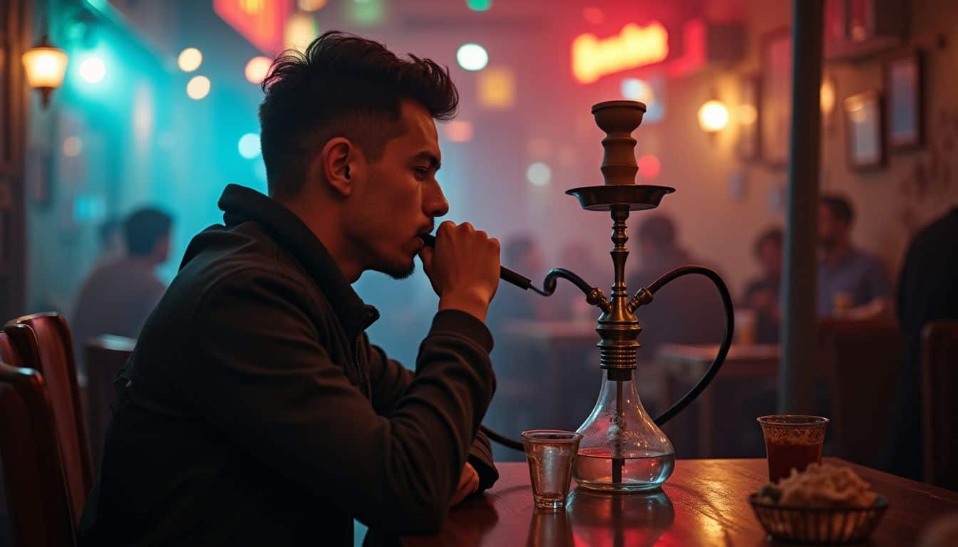 A young man casually enjoys a hookah in a lively, relaxed lounge atmosphere in Istanbul. A young man enjoying a hookah in a lively, colorful lounge setting at night.