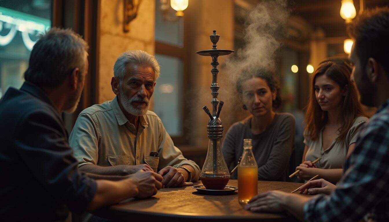 Hookah lounge gathering with diverse young adults enjoying conversation and smoking, warm ambient lighting, cozy atmosphere, social nightlife scene.