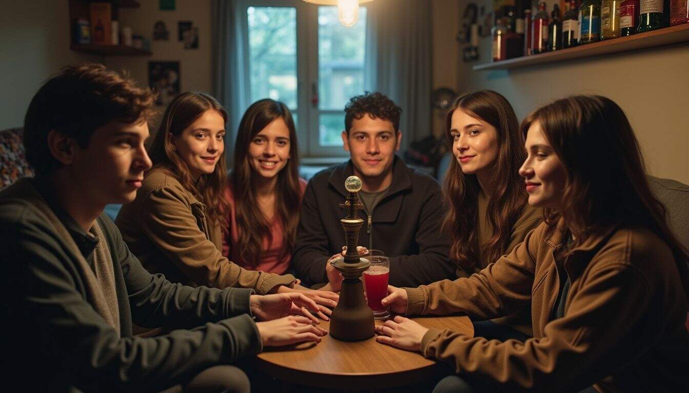 A group of young friends casually enjoying each other's company while sharing a hookah in a cozy lounge. Young adults gathered around a table playing a game with a hookah, enjoying a social gathering in a cozy indoor setting.