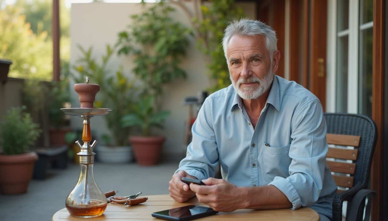 A middle-aged man casually explains how a hookah works while sitting on a cluttered terrace. Relaxed older man enjoying a hookah on a balcony with potted plants and greenery.