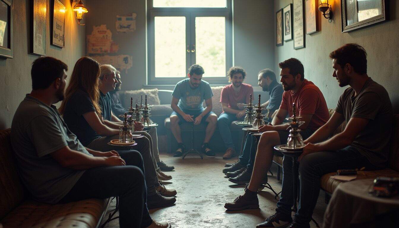 A casual hookah lounge scene with friends chatting and sharing hookahs around low tables. Middle Eastern smoking shisha lounge with a group of young adults sitting around low tables, enjoying a social hookah session, cozy ambiance with warm lighting, framed pictures on the walls.
