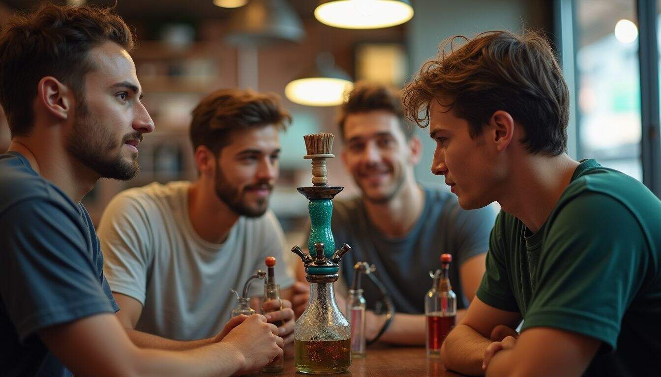 A group of young men casually enjoying hookah and discussing flavors at a cozy downtown Dallas spot. Relaxed group of young men enjoying hookah and drinks at a social gathering in a cozy cafe, engaging in conversation and having fun, capturing a casual, masculine vibe.