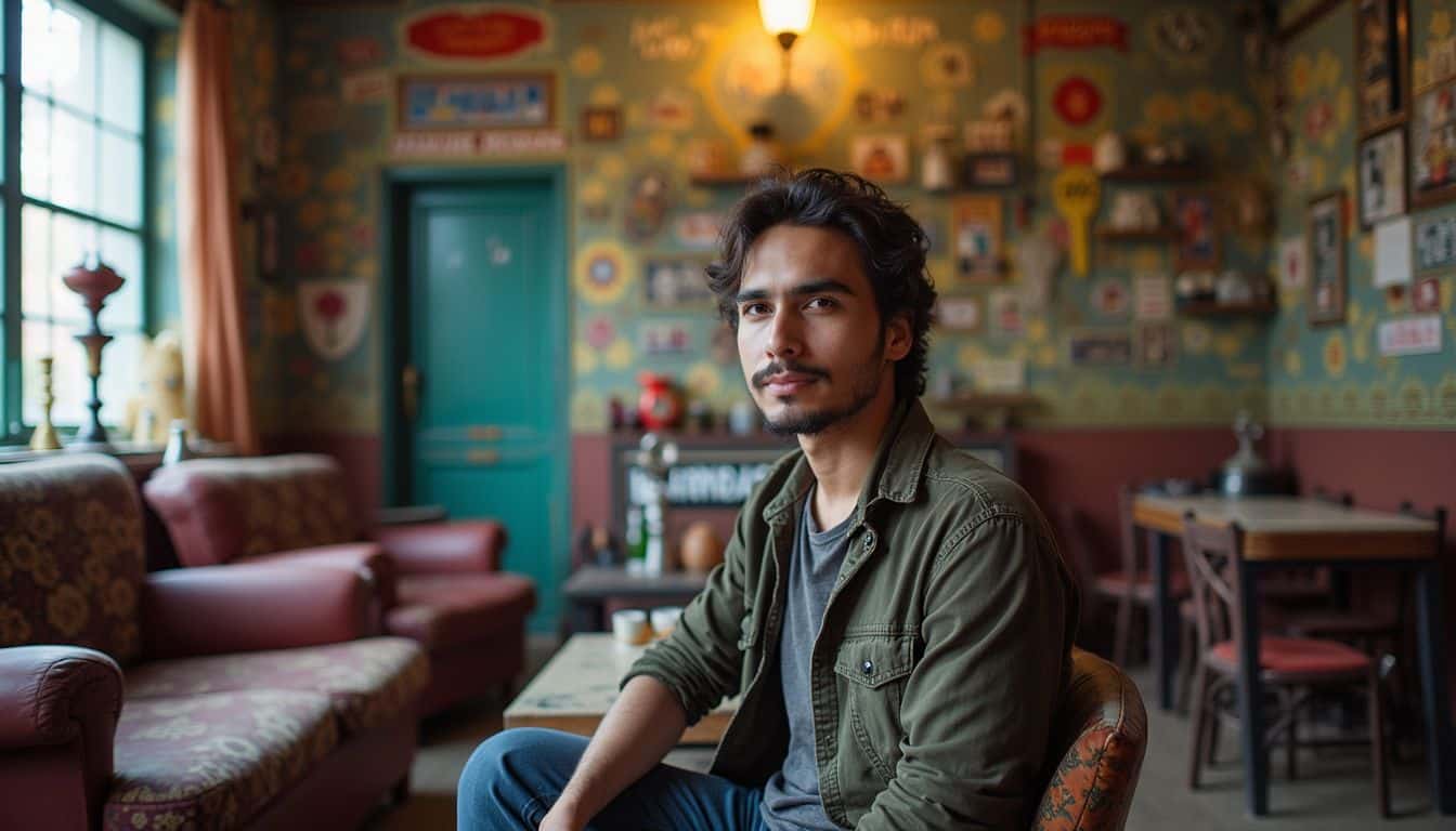 A cozy hookah lounge with colorful decor, comfy seating, and a relaxed atmosphere perfect for casual hangouts. Thoughtful young man sitting in cozy cafe with vintage decor, casual style, and warm lighting, representing modern masculinity, self-reflection, and lifestyle blog imagery for Unfinished Man.