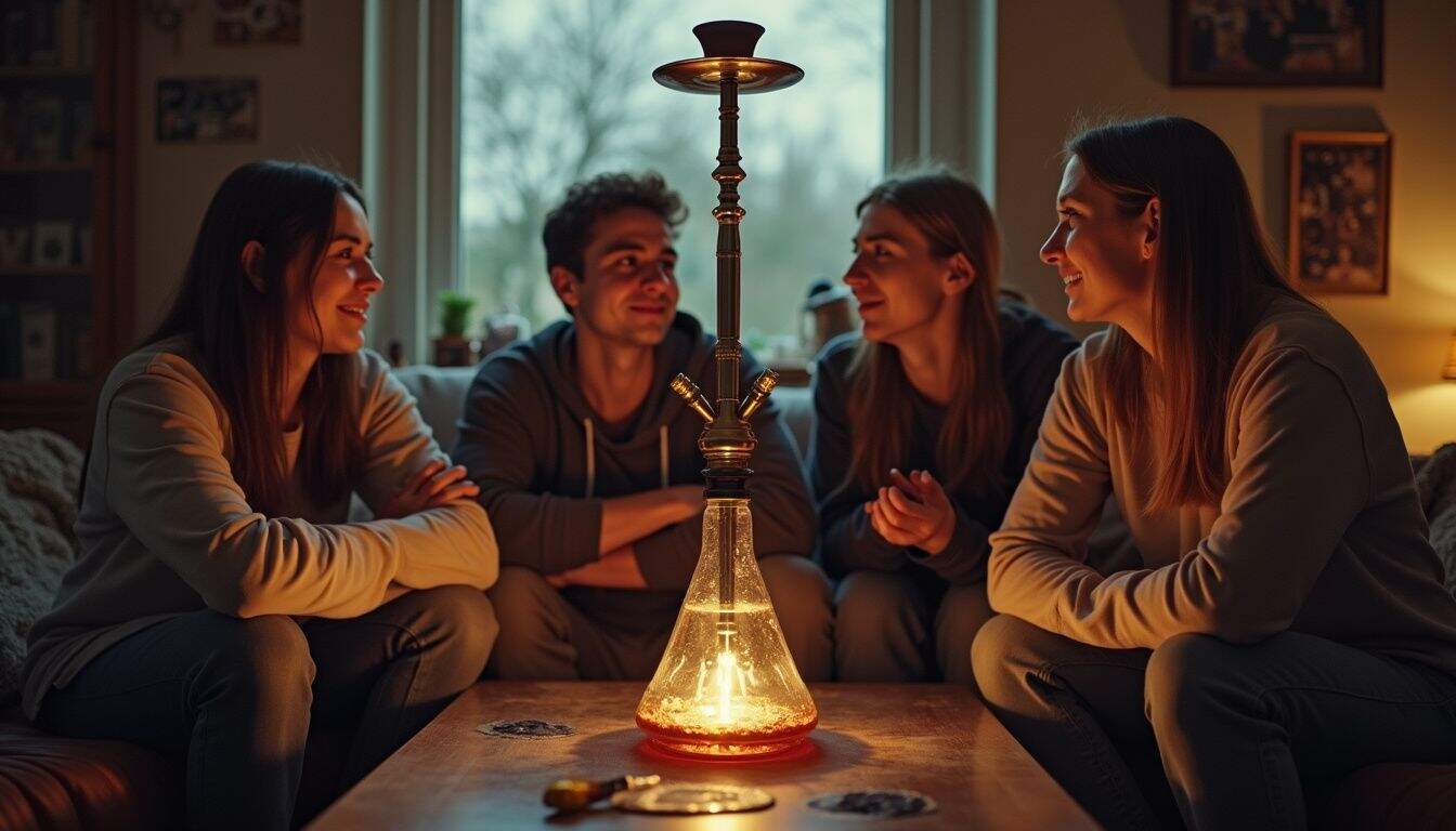 A group of young adults relaxes together around a hookah in a cozy, casual setting. Young adults enjoying a hookah session indoors with friends, highlighting social activities, relaxation, and lifestyle associated with modern leisure pursuits.
