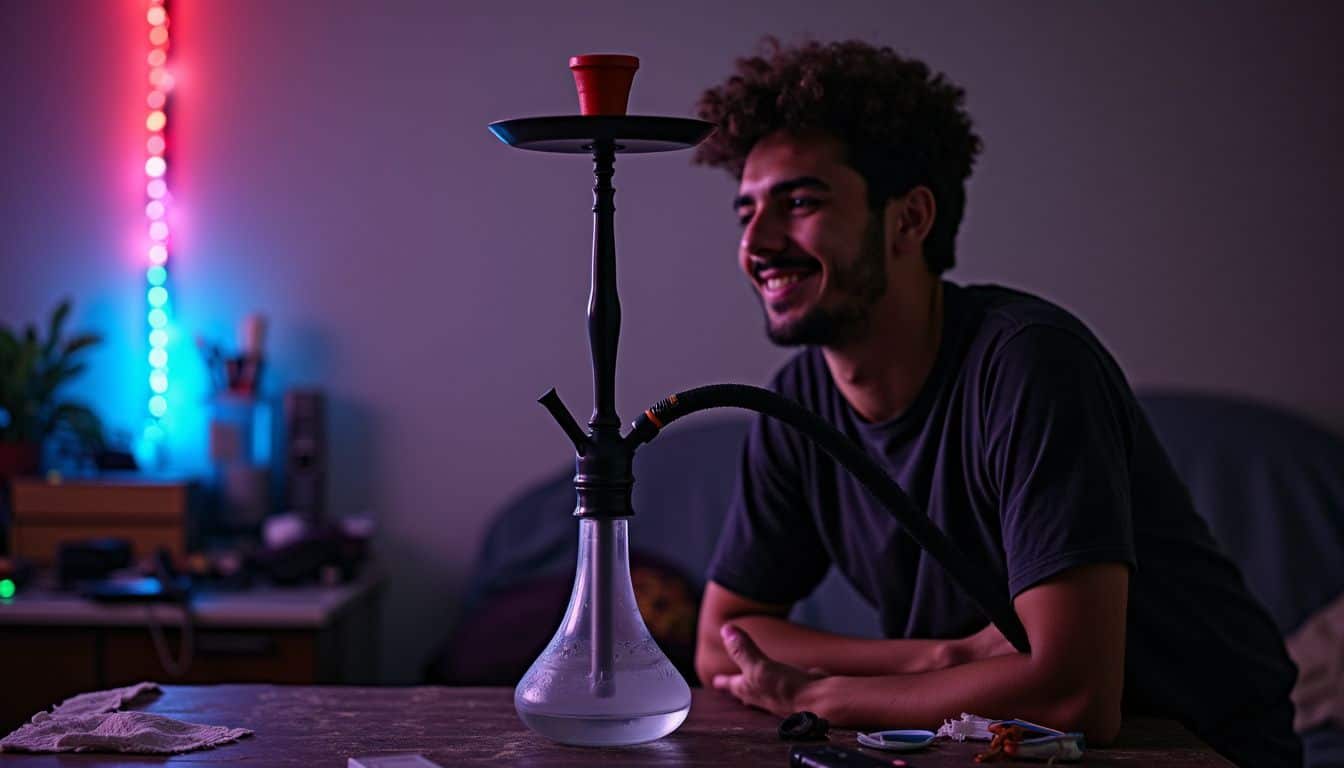 A relaxed person enjoys a hookah in a casual, cluttered hangout space filled with everyday items. A young man with curly hair smiling at a hookah in a dimly lit room with colorful LED lighting and a relaxed, modern atmosphere.