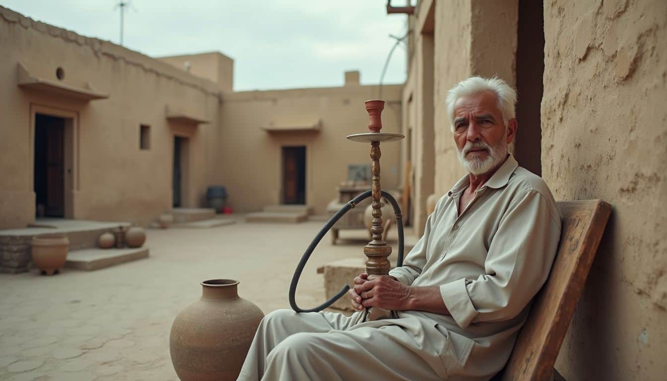 An older man relaxes in a courtyard, smoking a well-used hookah amidst casually placed old items. A wise elderly man seated outdoors in a desert-like setting, enjoying a traditional hookah, with beige adobe-style buildings in the background, capturing a moment of relaxation and cultural heritage.
