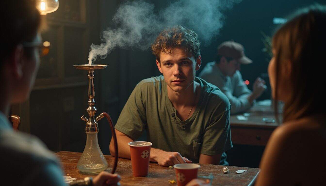 A young man enjoys a casual night out with friends at a cozy hookah lounge. Hookah smoking among young adults in social settings at a dimly lit indoor cafe.