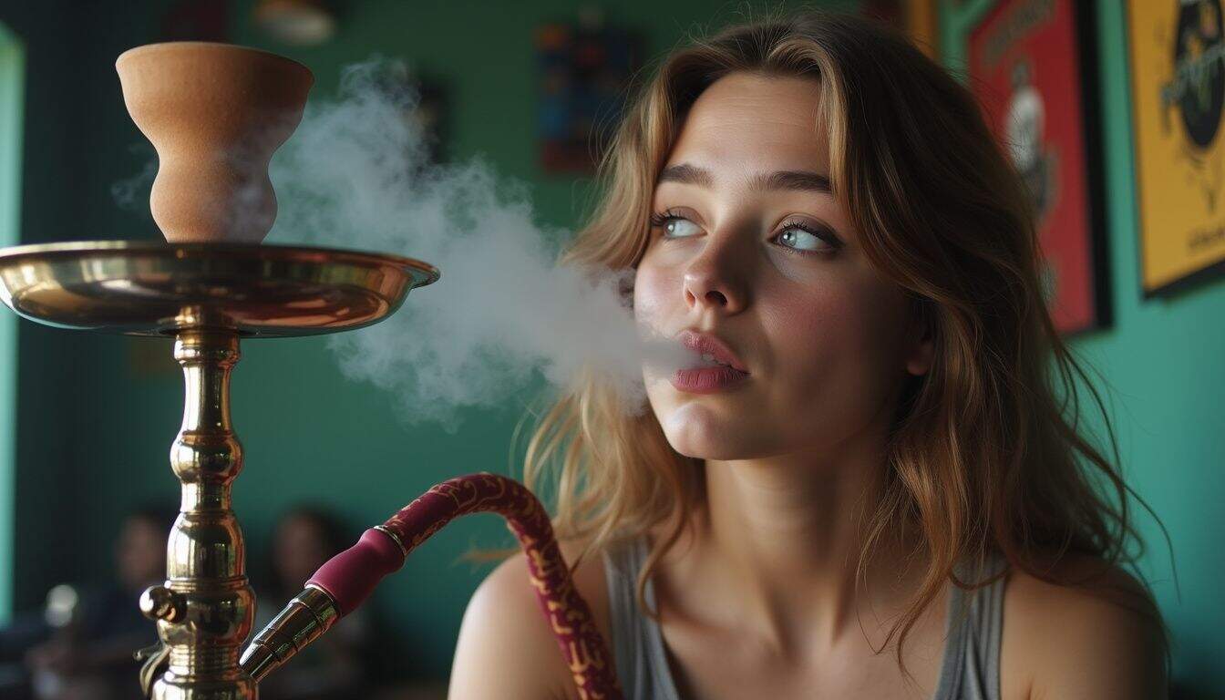 A young woman enjoys a hookah with apple-mint and grape flavors in a relaxed, cozy lounge setting. A young woman smoking hookah in a cozy cafe setting, enjoying a relaxing moment with flavored tobacco. She has light brown hair and blue eyes, with a thoughtful expression on her face.