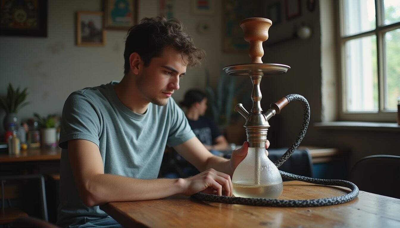 A young man casually sets up a hookah on a worn wooden table in a modest cafe. Modern young man preparing to smoke shisha or hookah at a cozy indoor cafe or lounge setting.