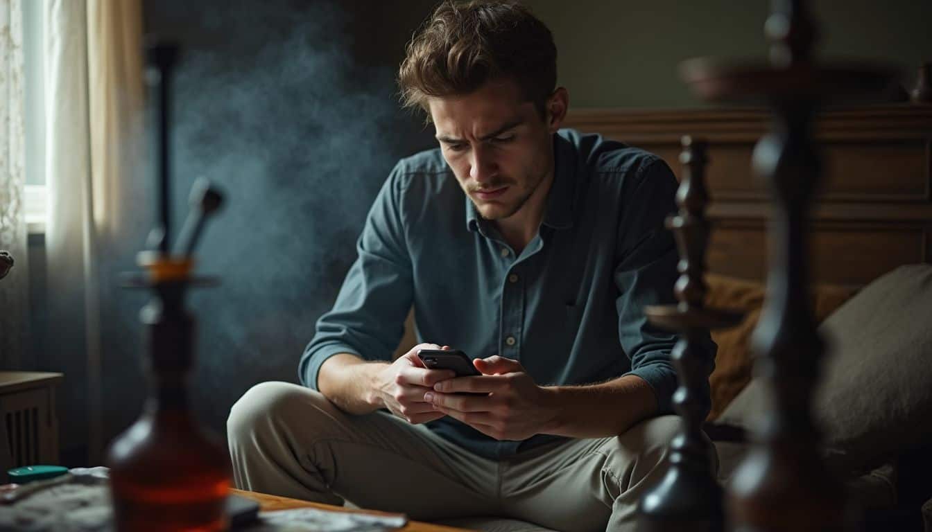 A young man sits alone, worried while reading about hookah health risks on his phone in a messy room. Anxious young man sitting on bed, looking at smartphone with concern or frustration in a dimly lit room.