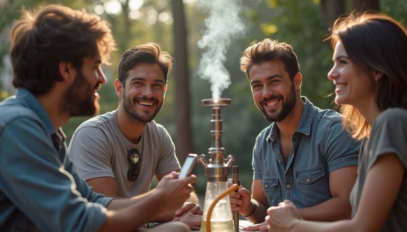 A group of friends casually sharing a hookah in a relaxed outdoor hangout spot. Relaxed friends enjoying a hookah session outdoors in a lush green park on a sunny day.
