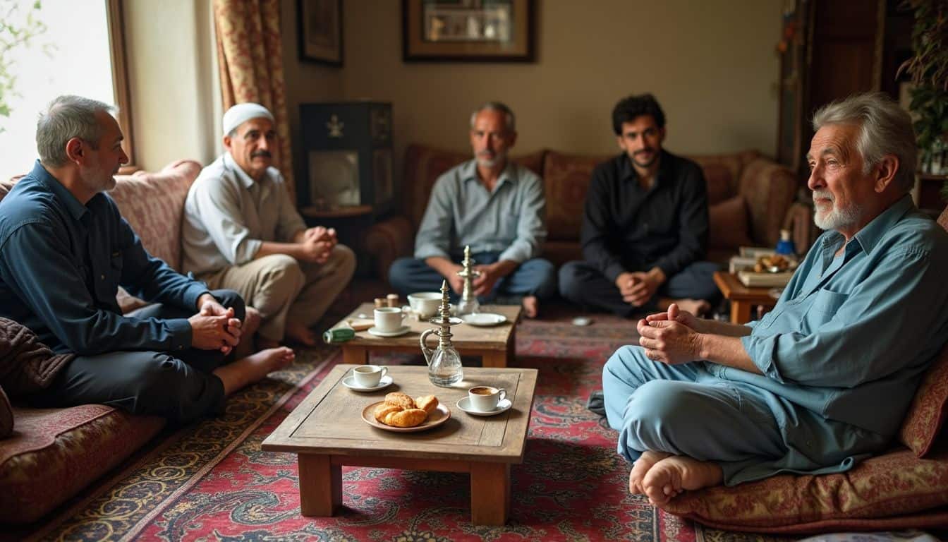 The photo depicts a cozy, cluttered room with low tables, coffee cups, hookah, and scattered pastries, showcasing everyday life. Calm group discussion among men sitting on traditional sofas in a cozy living room.