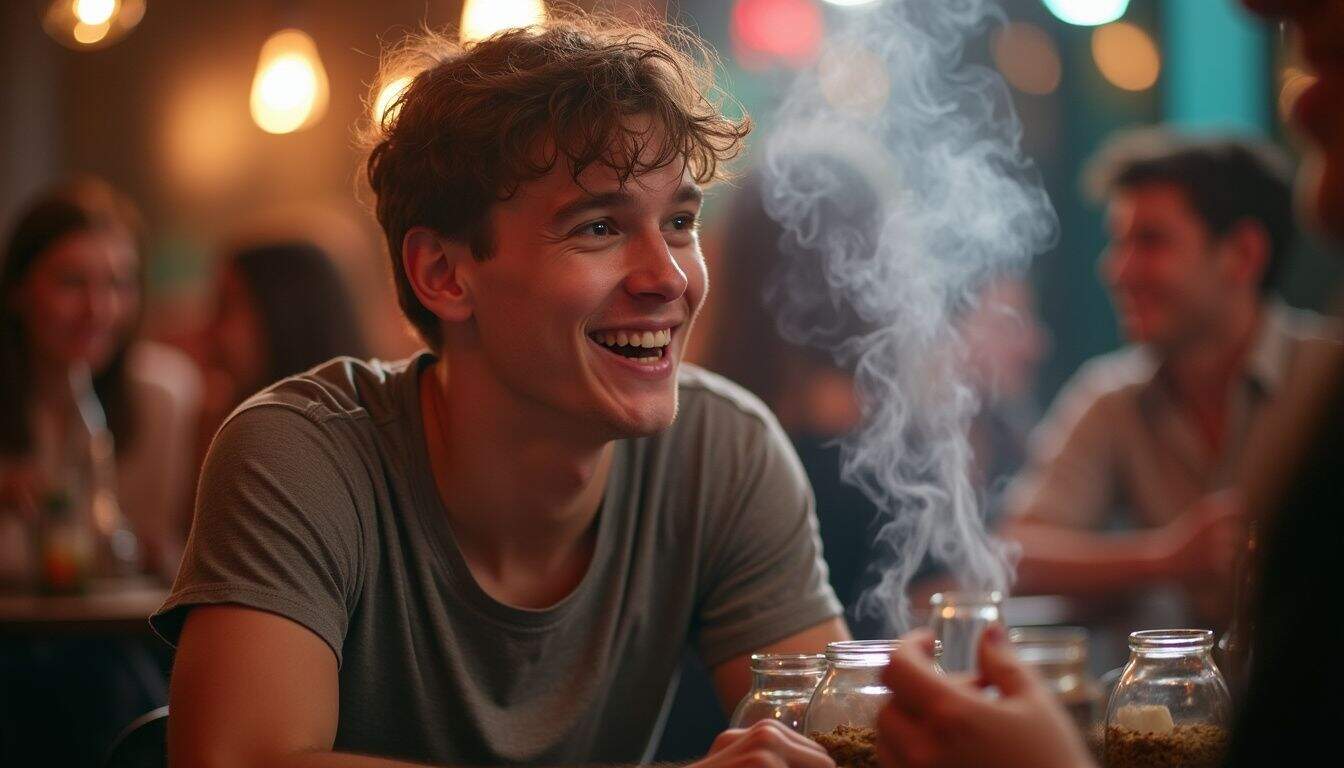 A young man relaxes with friends at a hookah lounge, sharing laughter amidst flavored tobacco jars and smoke. Smiling man enjoying socializing at a bar or restaurant with friends, casual atmosphere, warm lighting, lively and cheerful mood, young adult male, fun night out, relaxed vibe, good company, modern nightlife scene.