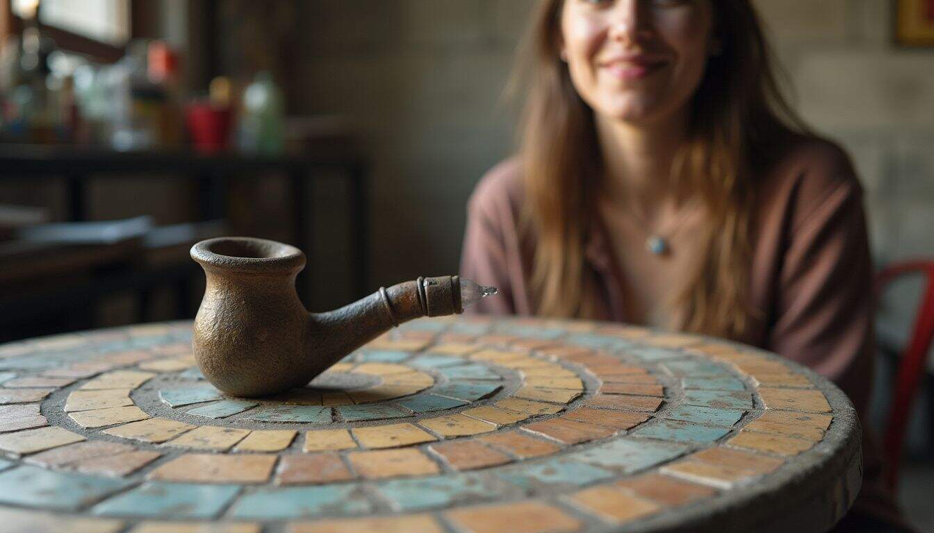 An old, handmade water pipe rests on a chipped mosaic table in a cozy, lived-in room. Green tea kettle on colorful tiled table with smiling woman in background, cozy cafe setting, casual and relaxed atmosphere, perfect for lifestyle or beverage articles.