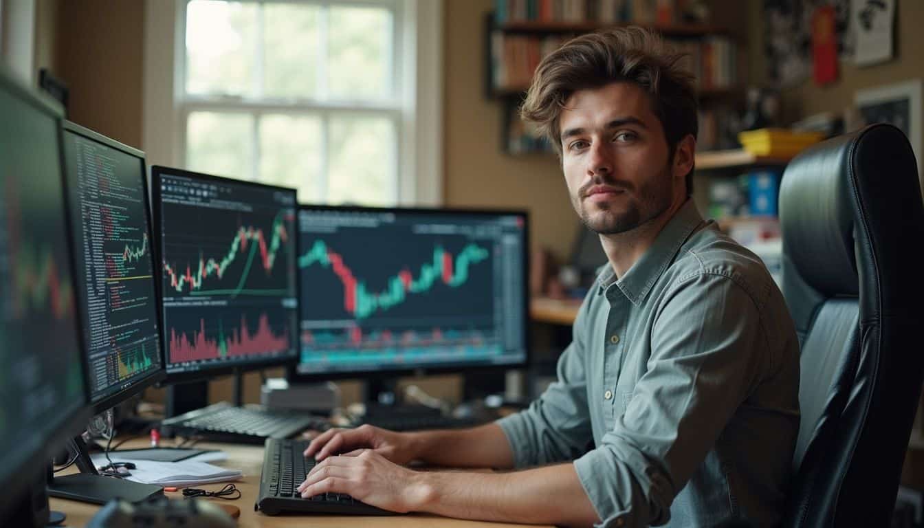 A casually dressed man in his 30s works at a cluttered home office desk with multiple computer screens displaying cryptocurrency charts.