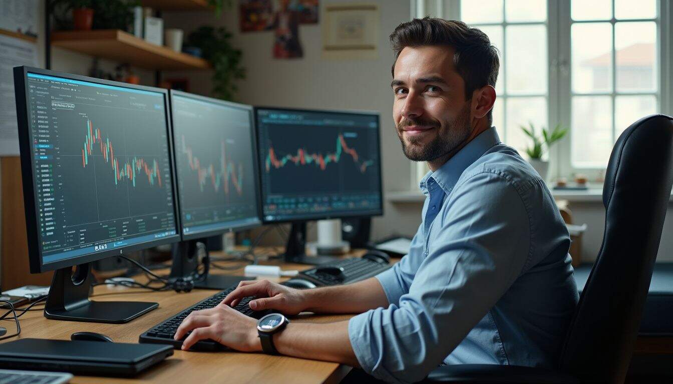 A man in his 30s works at a cluttered desk with multiple screens displaying cryptocurrency data.
