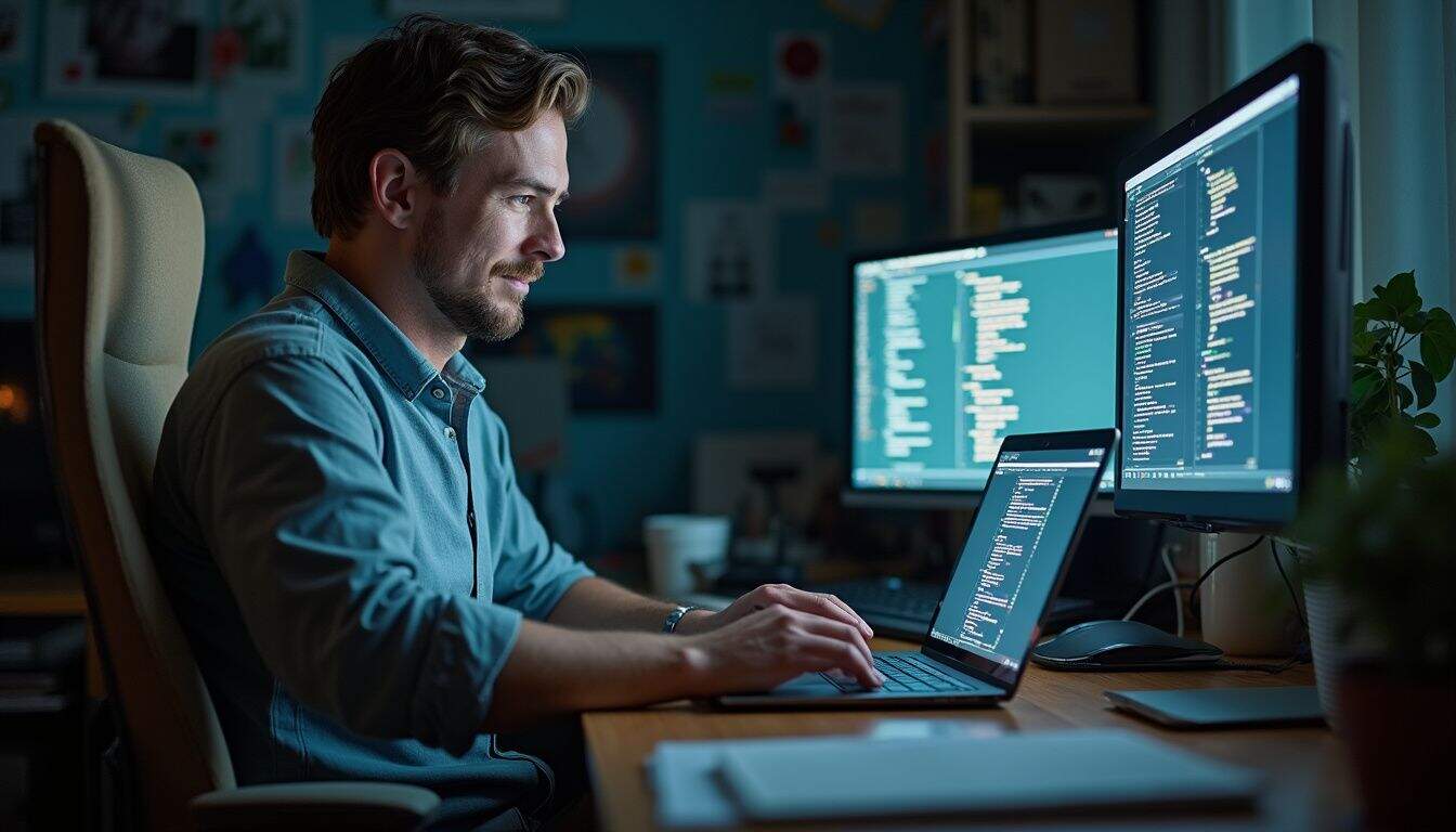 A man in his late 30s works casually at a cluttered desk with multiple computer screens displaying code.