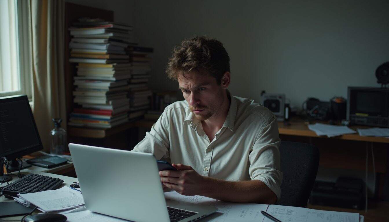 A person in their 30s sits at a messy desk, checking their phone with a worried expression.