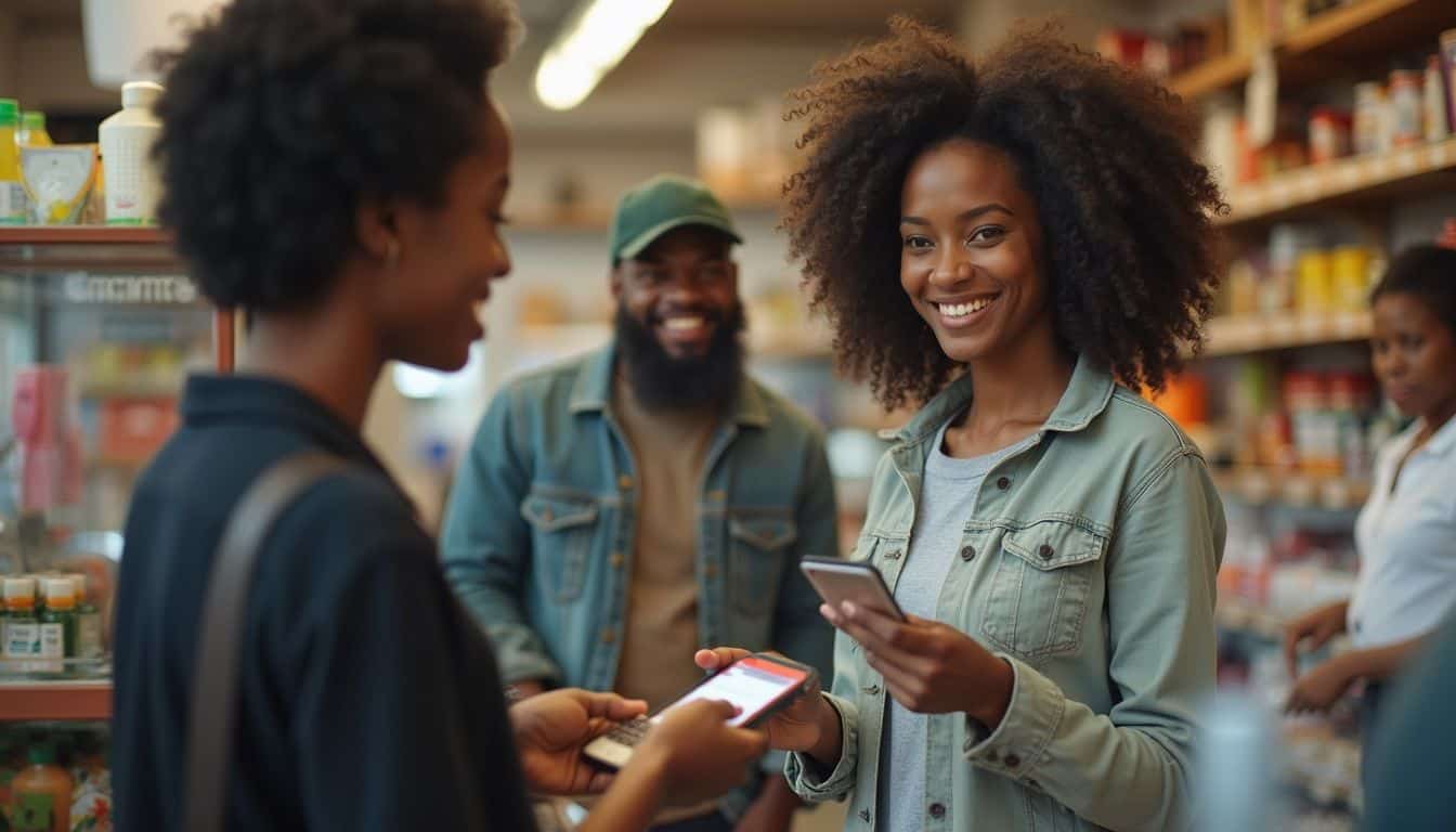 A woman casually shops at a local store using a crypto debit card amidst a diverse group of people.