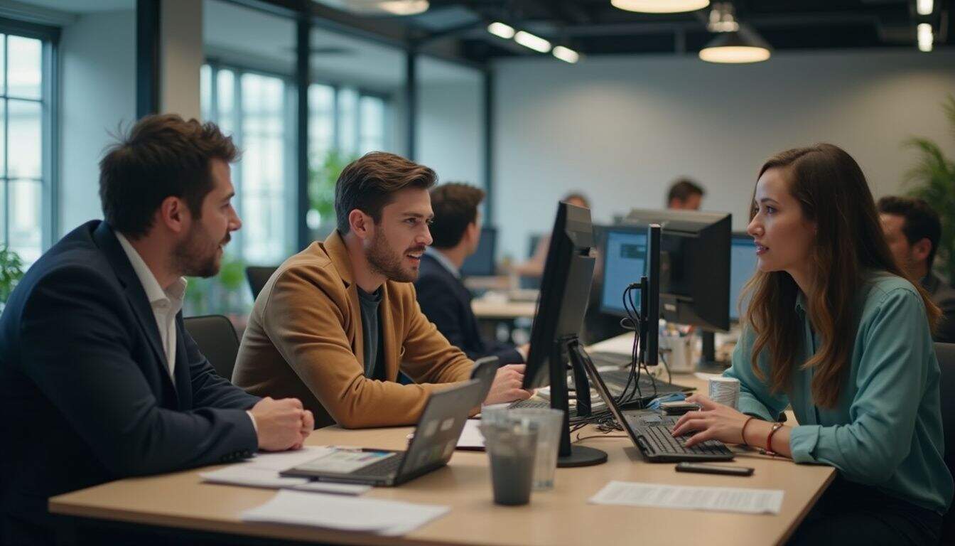 Coworkers casually discuss Ripple (XRP) and cross-border transfers in a relaxed office environment.