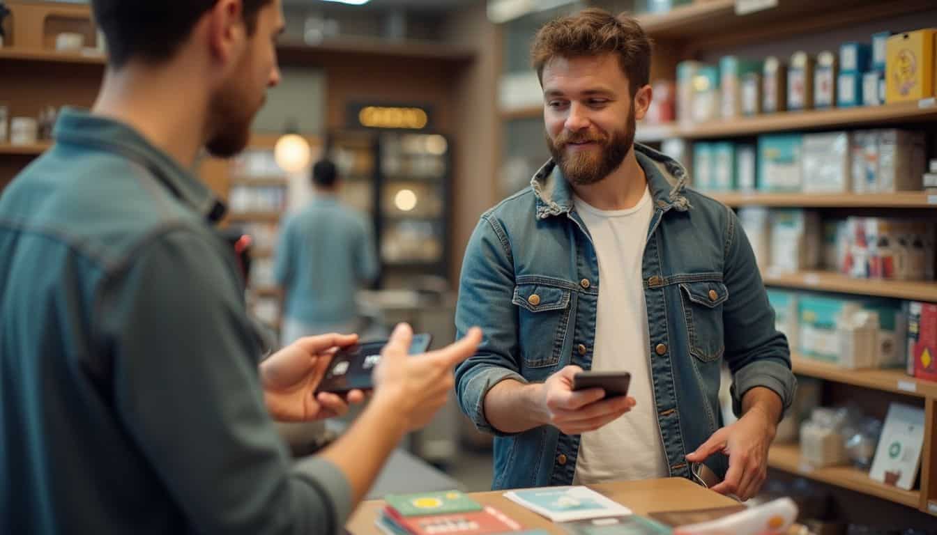 A man in his 30s casually pays with a crypto debit card at a cluttered store.