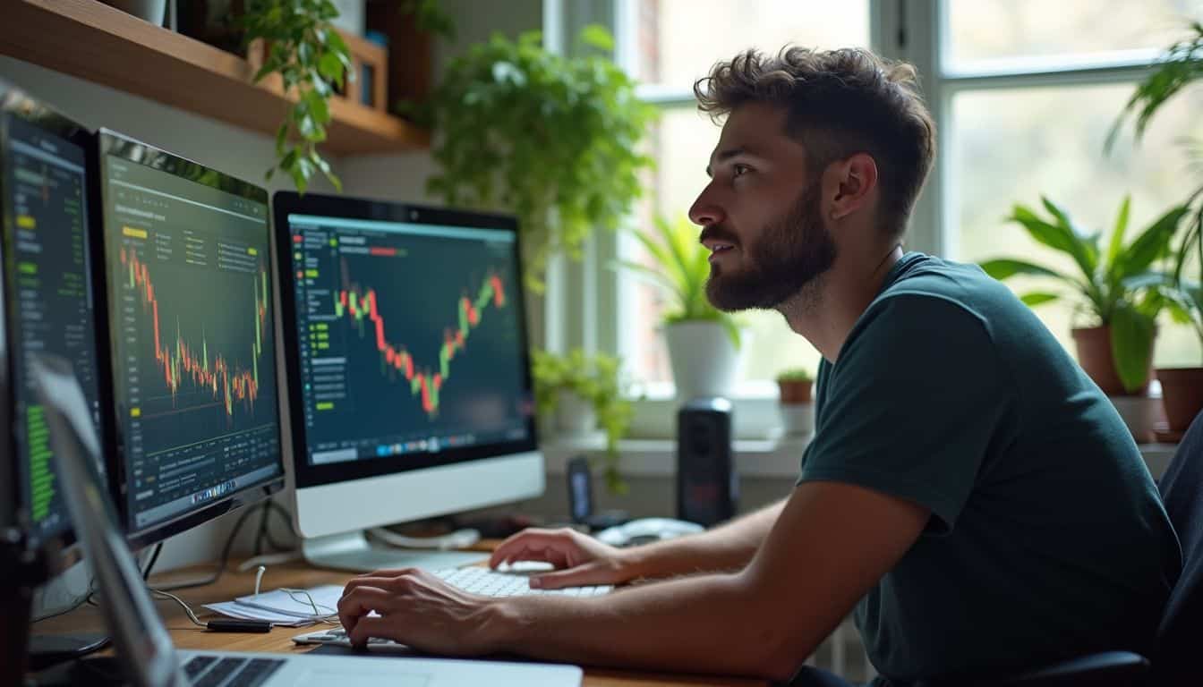 A casual man in his 30s sits at a cluttered desk, monitoring cryptocurrency prices on his computer screens.