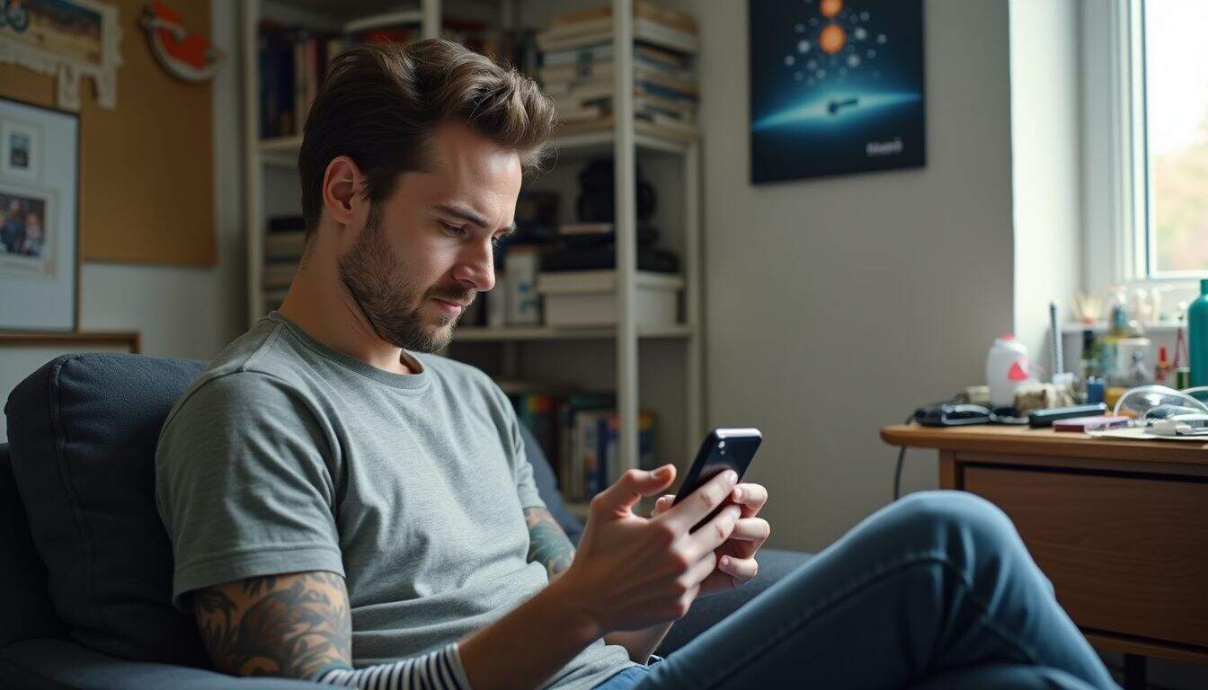 A casually dressed man in his late 20s scrolls through a digital wallet app in a cluttered room.