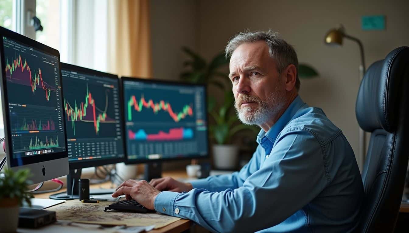 A middle-aged man sits at a cluttered desk surrounded by computer screens displaying crypto charts.