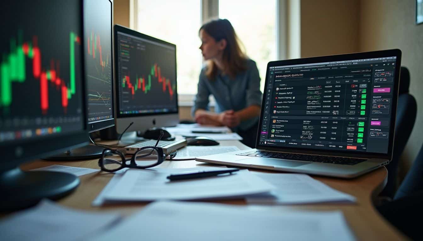 A cluttered desk features computer screens displaying crypto prices and an open laptop on a chaotic workday.