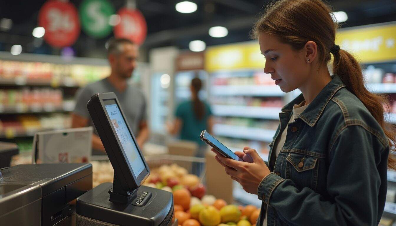 A young adult casually uses a mobile wallet app to pay at a grocery store's self-checkout.