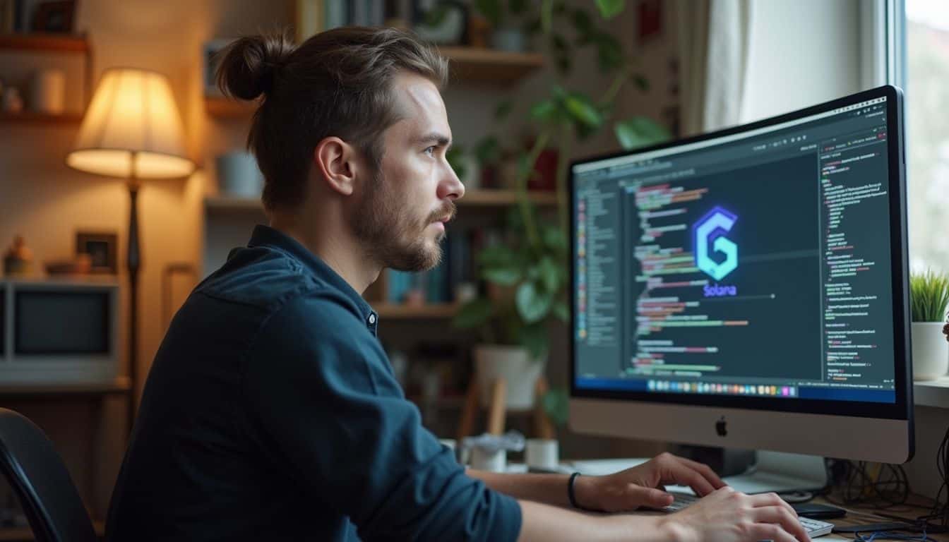 A relaxed person in their 30s sits at a cluttered desk, working on coding for the Solana platform.