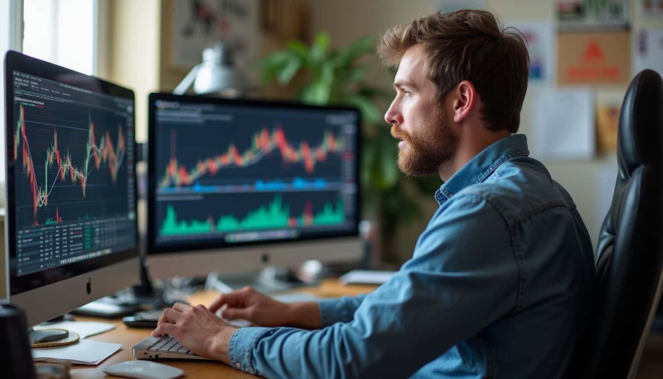 A relaxed man monitors Bitcoin price charts at a messy desk filled with tech gadgets and papers.