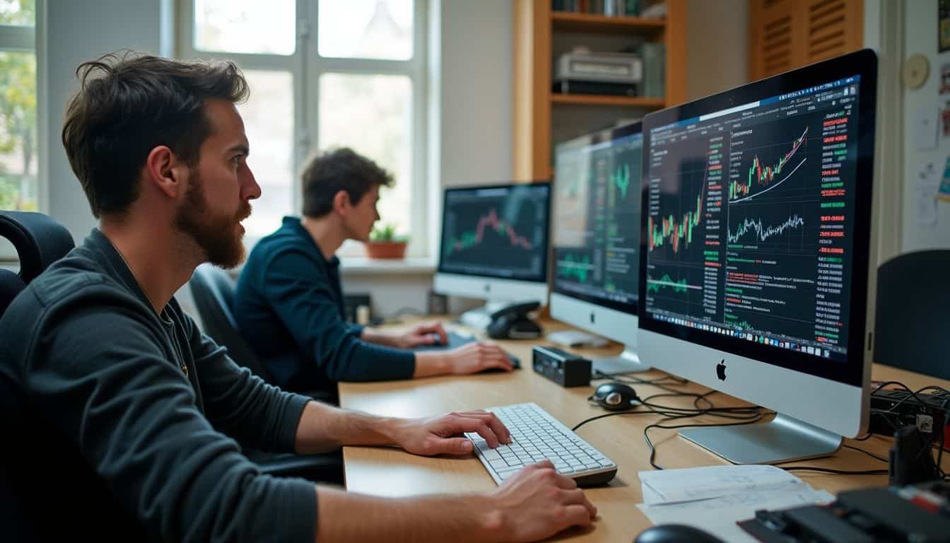 A casual workspace featuring multiple computers displaying cryptocurrency ledgers and people engaged in relaxed activity.