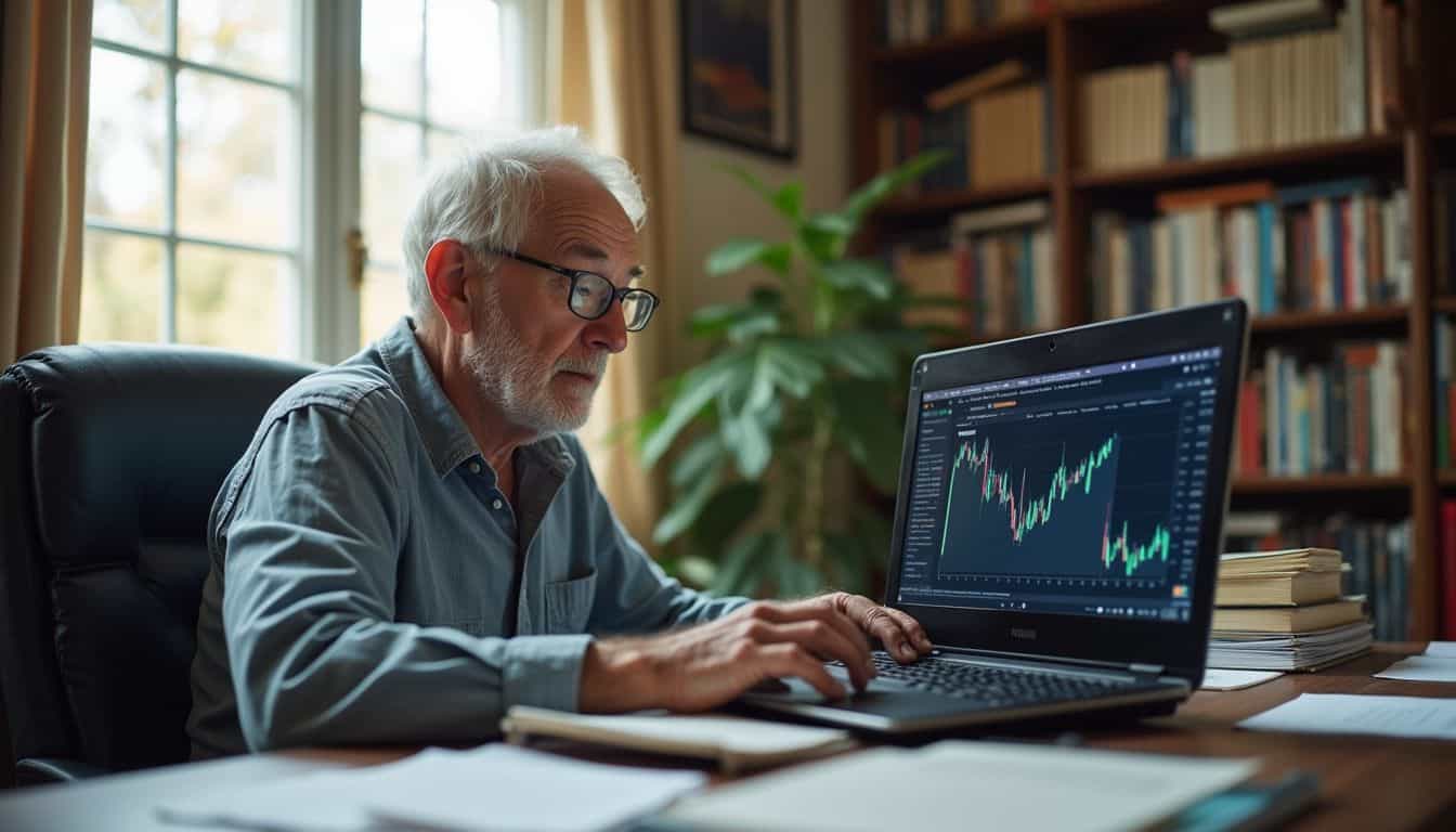An older man in a cluttered home office reacts with surprise while looking at rising cryptocurrency prices on his laptop.