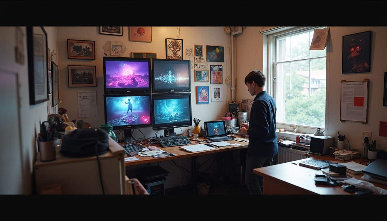 A cluttered workspace displays vibrant digital art pieces alongside scattered cables and notes, reflecting a creative environment.