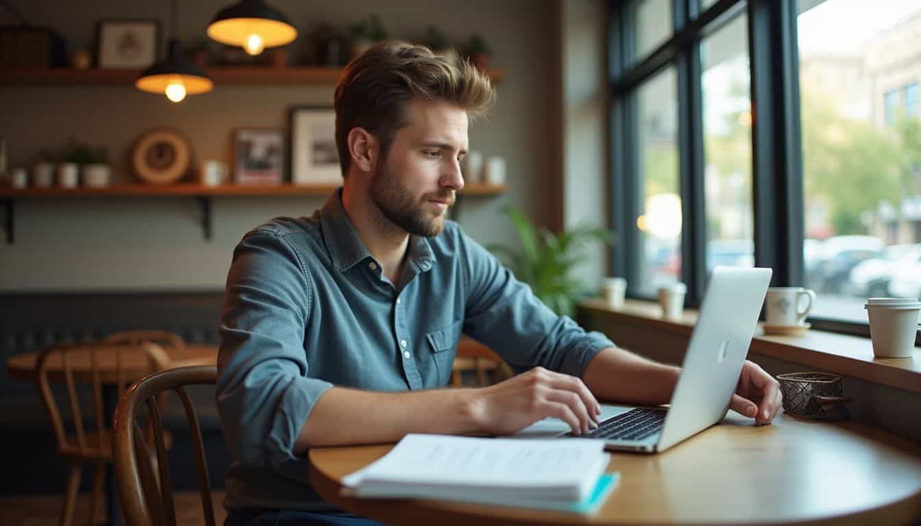 A casually dressed man in his 30s works quietly on his laptop at a cluttered coffee shop table.