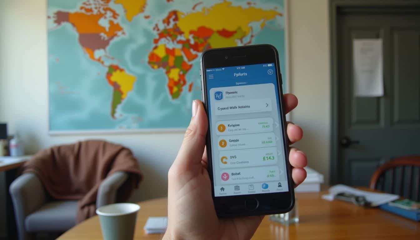 A person casually holds a smartphone displaying a cryptocurrency wallet amidst a cozy, lived-in room.