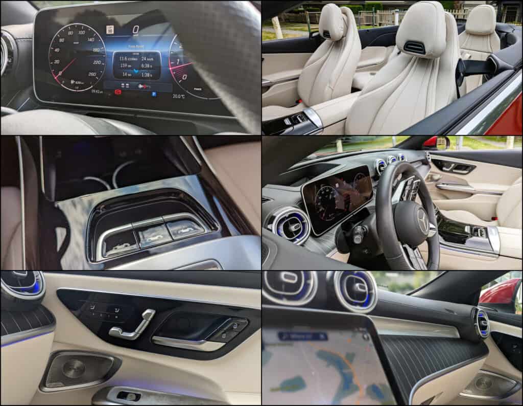 2025 Mercedes-Benz CLE 300 4MATIC Cabriolet Review 4 Luxury car interior with digital dashboard, beige leather seats, and modern controls, showcasing high-end features and premium design elements.