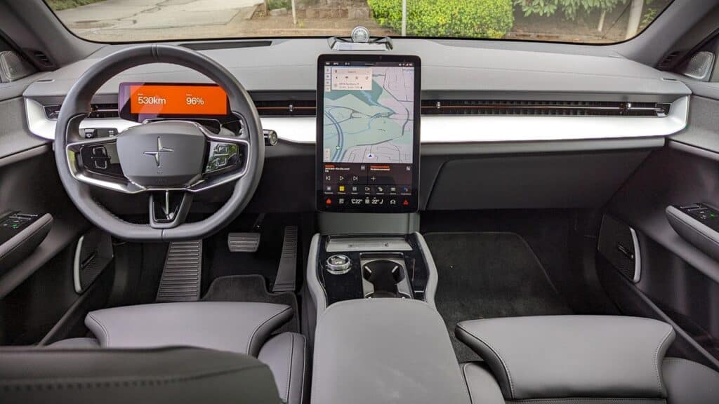 2025 Polestar 3 Long Range Dual Motor Review 3 Futuristic car interior with a digital dashboard and large touchscreen display, showcasing advanced automotive technology and modern design elements for enhanced driving experience.
