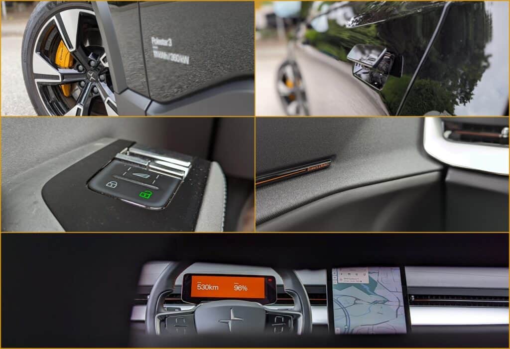 2025 Polestar 3 Long Range Dual Motor Review 4 Tesla Model S electric vehicle close-up, showcasing wheel with yellow brake caliper and sleek exterior design.