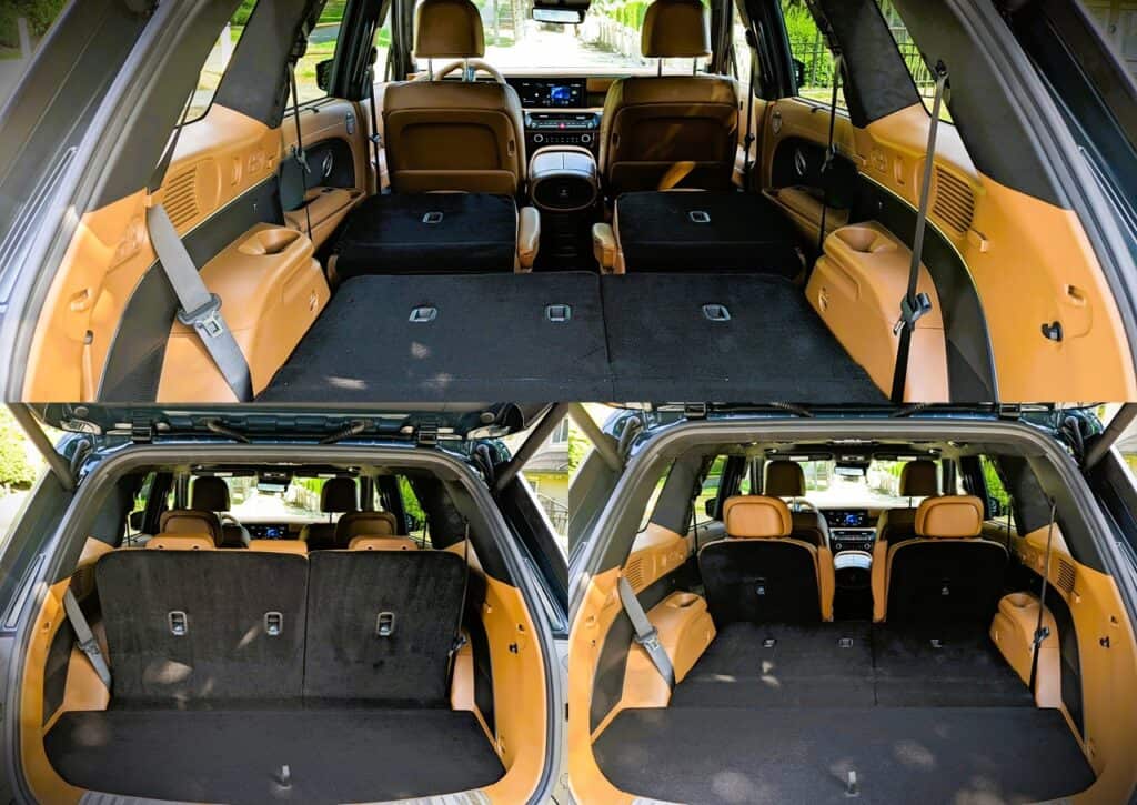 2026 Hyundai Pallisade Ultimate Calligraphy Review 7 Folded rear seats in a modern SUV showing cargo space, orange interior details, versatile storage options, spacious trunk, SUV interior design.