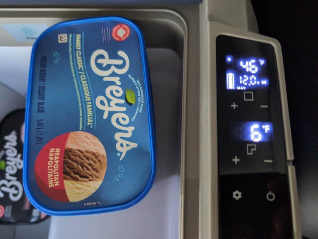 BODEGAcooler 36L Dual Zone 12V Portable Car Fridge Review 3 Creamy Brødfest ice cream, Neapolitan flavor, stored at 16°F in a digital freezer display, showcasing a popular dessert option for refreshments and snacking.