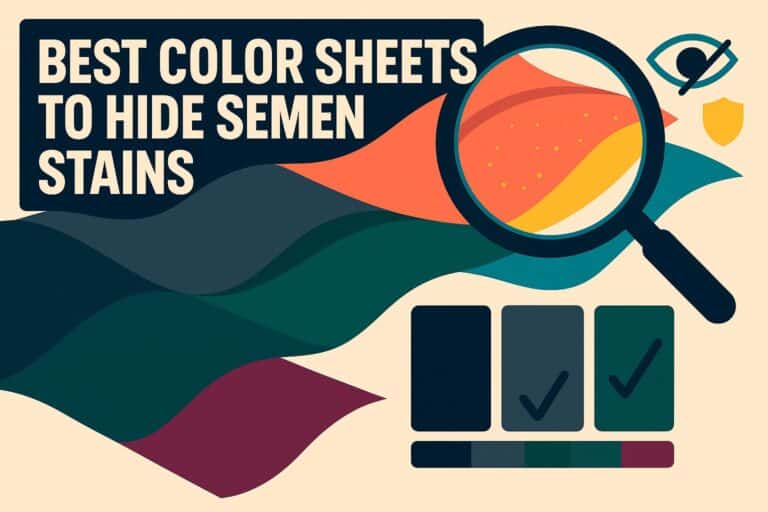 Magnifying glass inspecting skin for semen stains, infographic on best color sheets to hide semen stains, dark color palette, hygiene, stain concealment tips for men.